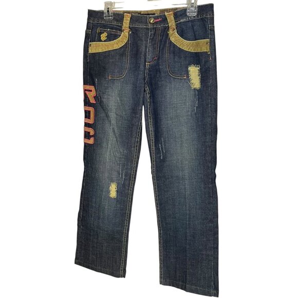 Y2K‎ Roca Wear Women's 9 Jeans Blue Denim Pink Tan Corduroy Spell Out Distressed - Picture 1 of 7
